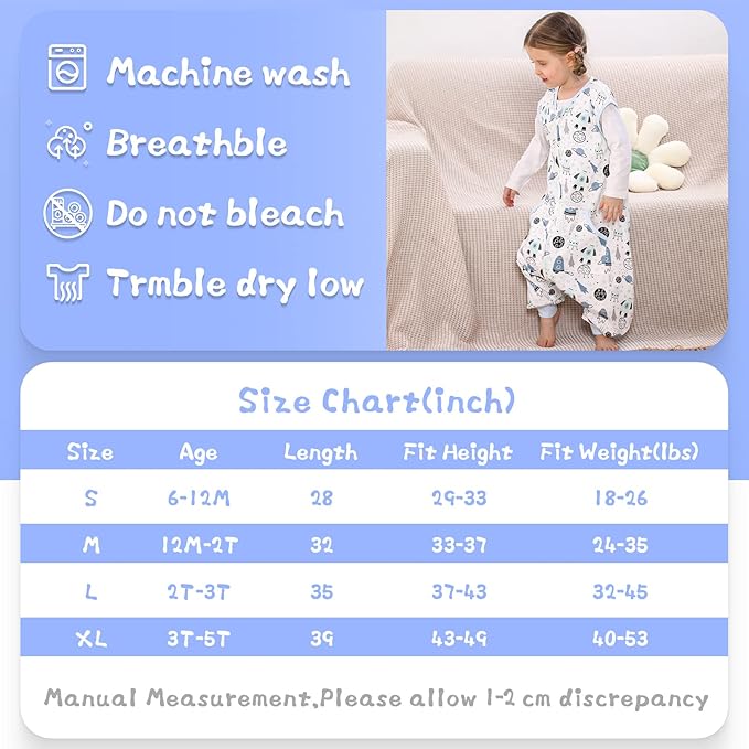 WONDAY Toddler Sleep Sack with Feet, 0.5 Tog Sleeping Sacks for Walking with Legs 2T 3T