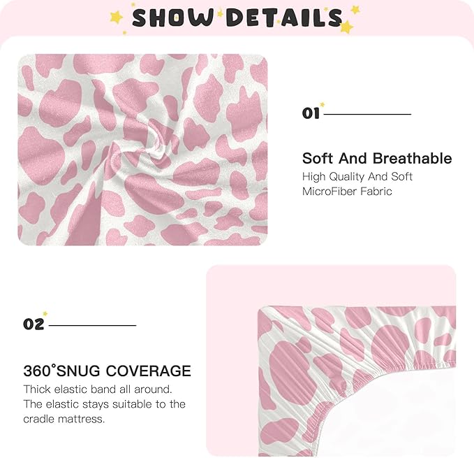 Cow Print Skin Pink Crib Sheets Soft Breathable Fitted Baby Crib Sheets Mattress Cover for Girl Boys, 52" x 28" x 9"