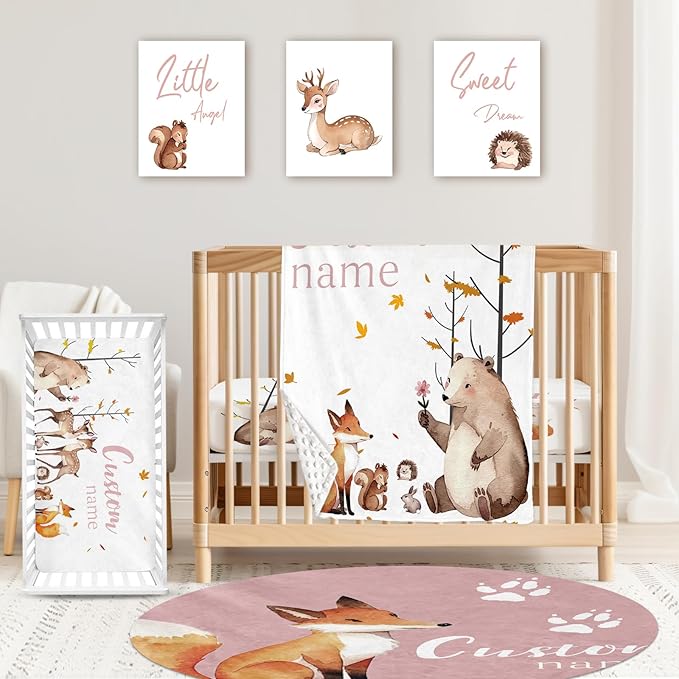 Custom Baby Crib Bedding Set,Personalized Name Fox Sika Deer Pattern Nursery Bed Set 4 Piece,Baby Blanket Fitted Sheet Nursery Rug Wall Art Set,Custom Room Decor Idea Gift for Newborns Boys Girls