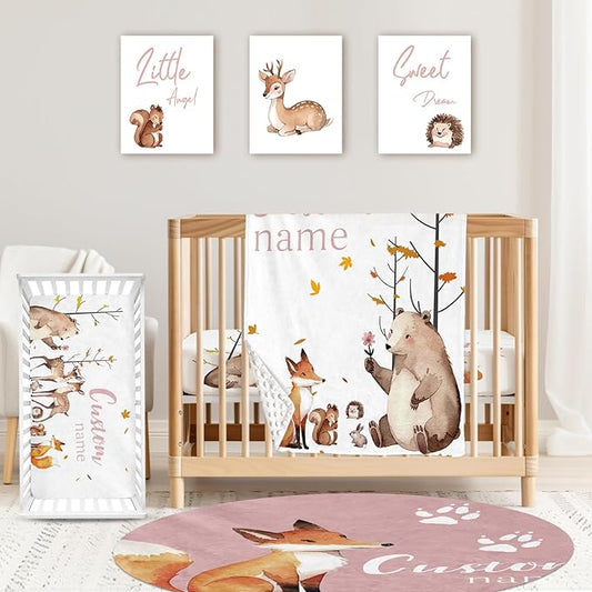 Custom Baby Crib Bedding Set,Personalized Name Fox Sika Deer Pattern Nursery Bed Set 4 Piece,Baby Blanket Fitted Sheet Nursery Rug Wall Art Set,Custom Room Decor Idea Gift for Newborns Boys Girls