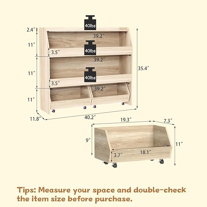 COZPAW Toy Storage Organizer, 3 Tier Montessori Shelf with Movable Bins, Toy Organizers Book Shelf for Kids Room, Playroom, Nursery (Wood)