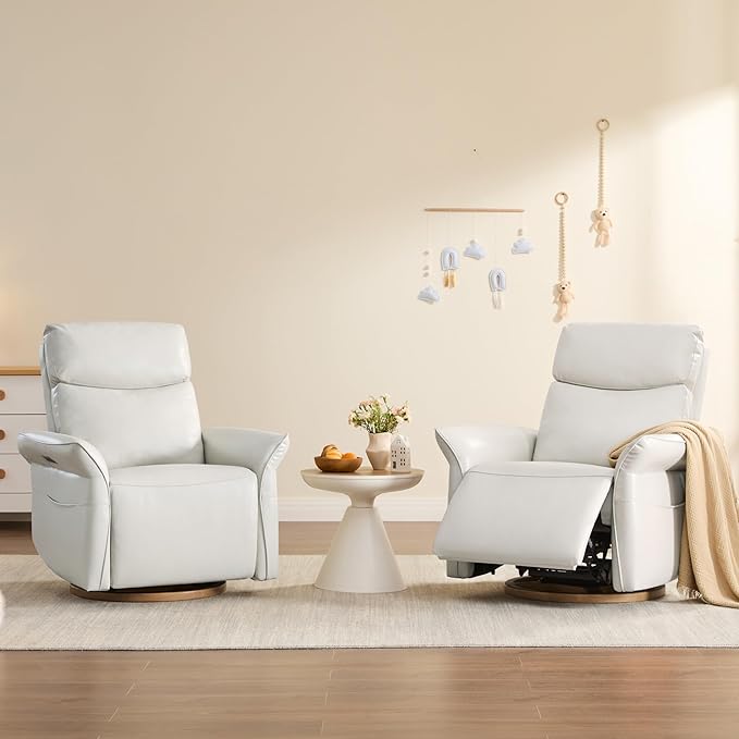 CHITA Genuine Leather Power Recliner Chair, Electric Triple-Motor Swivel Glider Nursery Rocking Chair with Adjustable Power Headrest and Lumbar Support, Solid Wood Base, Creamy Grey