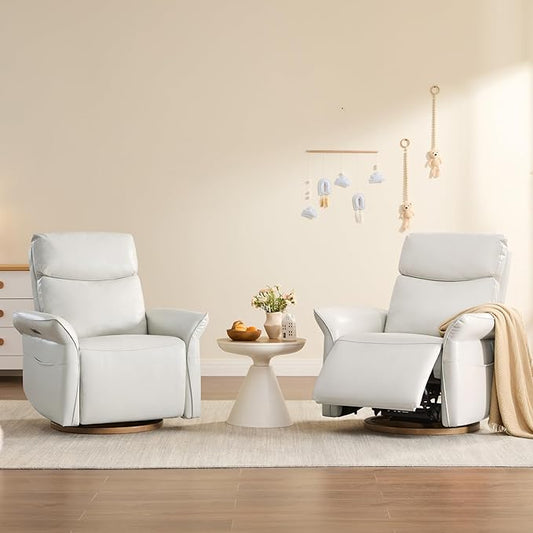 CHITA Genuine Leather Power Recliner Chair, Electric Triple-Motor Swivel Glider Nursery Rocking Chair with Adjustable Power Headrest and Lumbar Support, Solid Wood Base, Creamy Grey