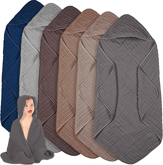 Peryiter 6 Pcs Muslin Hooded Baby Towels, 32x 32'' Cotton Newborn Bath Towel Muslin Infant Baby Blankets Absorbent Unisex Christmas Registry Gift Essentials for Girls Boys (Gray Series)