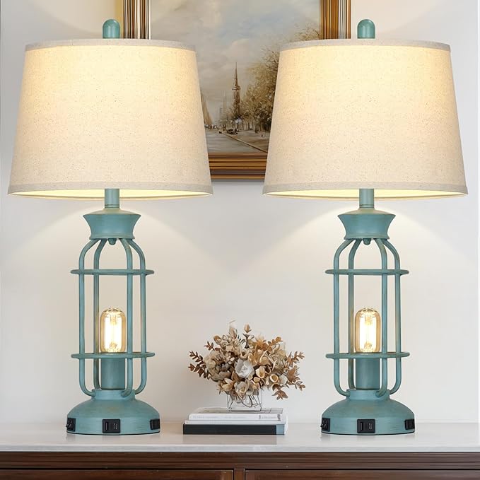 Farmhouse Table lamps for Living Room, 28" Tall Vintage Industrial Table Lamp with USB C+A Ports & Outlet, Rustic Bedside Lamps with 2 Nightlight & Linen Fabric Shade for Nightstand Bedrooms Desk Blue
