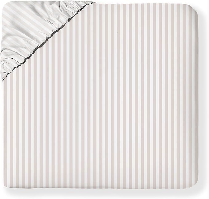 MakeMake Organics Organic Queen Fitted Sheet Set GOTS Certified Organic Cotton Fitted Sheet with Pillowcase Ultra Soft Non Toxic Breathable Hypoallergenic Colorful Neutral (Full, Beige Stripes)