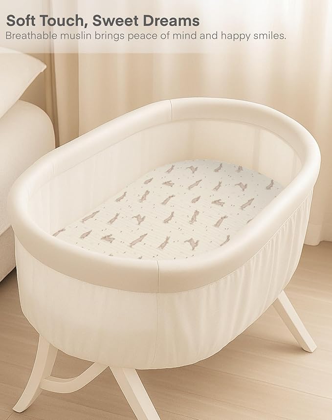 Muslin Bedside Bassinet Sheets 2 Pack, 33x20 Fitted Ultra Soft & Breathable Bedside Sleeper Sheets, Ideal for Baby Girl and Boy, Perfect for Newborns (Hopping Bunnies & Beige)