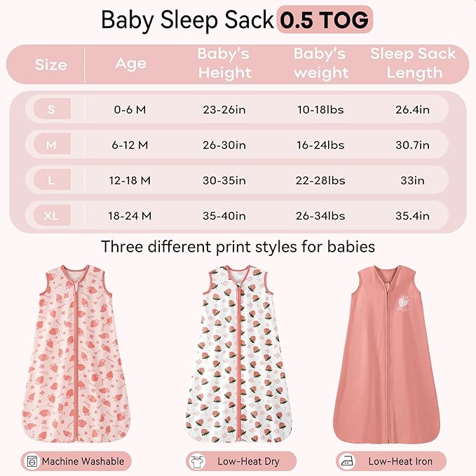 Baby Sleep Sack 6-12 Months 0.5 Tog Wearable Blanket Baby, 3 Pack 100% Cotton Lightweight Sleeping Sack with 2-Way Zipper for Newborn Infant Strawberry