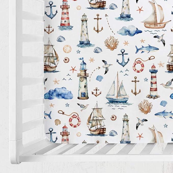 Watercolor Sailing Adventure Baby Crib Sheet 52''x28'' Nautical Life Lighthouse Boat Anchor Stretchy Fitted Crib Mattress Cover Boy Girl Beach Summer Baby Bed Sheet for Standard Crib Toddler Mattress