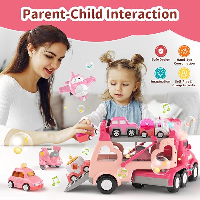 Toddler Girl Truck Toys for 2 3 Year Old Girl Birthday Gifts, 7-in-1 Pink Princess Car Transport Carrier Trucks for Toddlers 2-4, Friction Power Toy Cars with Lights & Music, My daughter First Gift