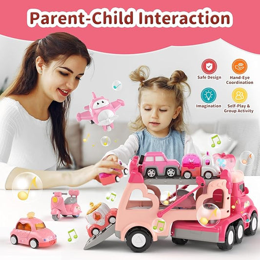 Toddler Girl Truck Toys for 2 3 Year Old Girl Birthday Gifts, 7-in-1 Pink Princess Car Transport Carrier Trucks for Toddlers 2-4, Friction Power Toy Cars with Lights & Music, My daughter First Gift