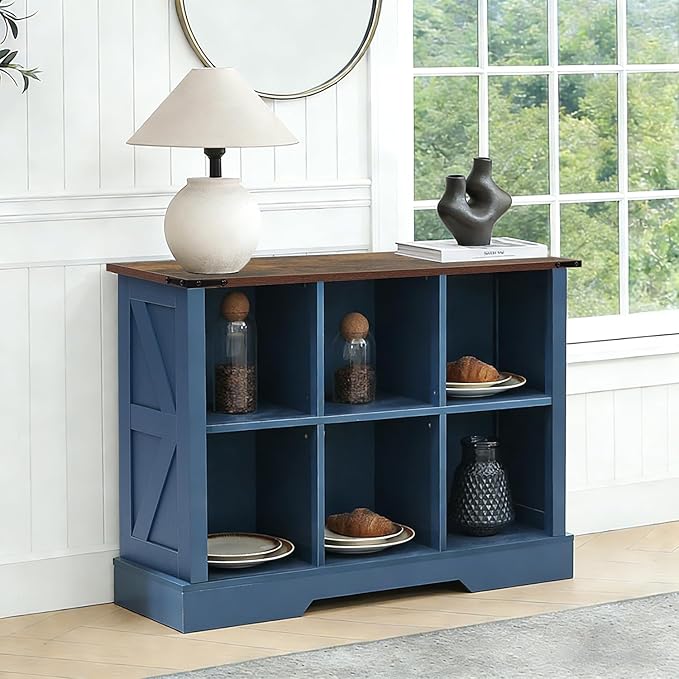 Puntogen 6 Cube Storage Organizer, Wood Cube Bookshelf with LED Lights, Horizontal Storage Cubes, Kids Bookshelf, Display Cabinet Cubby Shelf for Living Room Home Office Bedroom，Navy Blue
