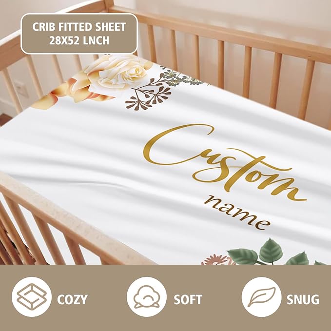 Custom Name Crib Bedding Set 3-Piece – Flowers Design Baby Bedding Set with Personalized Soft Blanket, Fitted Sheet, Changing Pad Cover – Ideal Newborn Gift for Boys and Girls