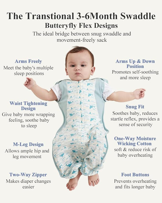 Transition Baby Swaddle 3-6 Months 12-18 lb, Arms In/Out Swaddle Sleep Sack with 2-Way Zipper Moisture-Wicking Fabric, Improves Sleep Snug Fit Helps Calm Startle Reflex(Whales and the sea)