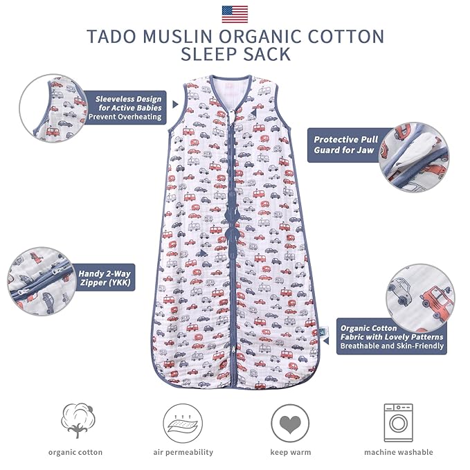 Baby Sleep Sack 2-4 T Baby Wearable Blanket 100% Organic Cotton 0.5 TOG Toddler Sleep Sacks 2- Way Zipper Soft 4 Layers Muslin 2T 3T 4T Car
