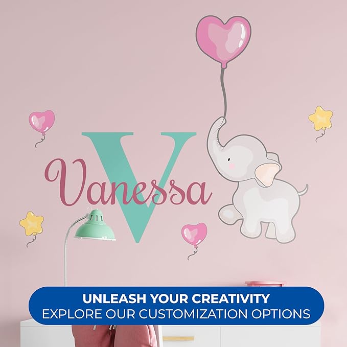 EGD Elephant Wall Decor Stickers for Baby Girl or Boy I Custom Name & Initial for Nursery Wall Decor I Elephant Nursery Decor | Elephants Baby Shower Decorations I Name Decals for Walls