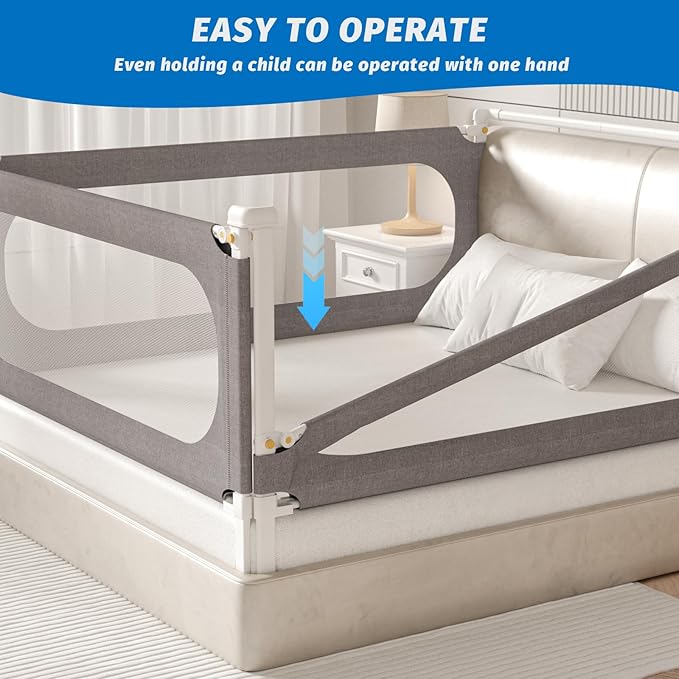 3-Piece Queen Size Bed Rails for Toddlers, with Headboard Rod -Height Adjustable Baby' Safety Bed Rails Guard for Queen Size Bed(3Pack 78.7"x78.7"x59"-Gray)