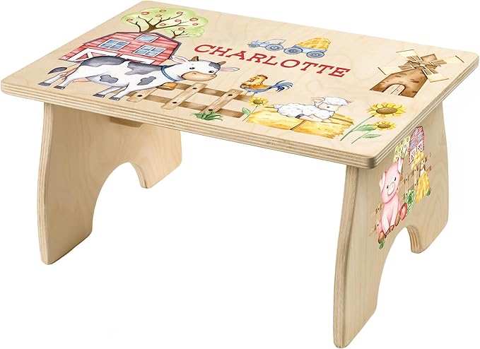 Farm Animal Step Stool for Toddlers- Personalized Wood Kids Step Stool with Name for Kitchen Sink, Bathroom, Potty Training, Kitchen Sink- Sturdy and Safe- Made in USA by BloomOwl (Farm- Watercolor)