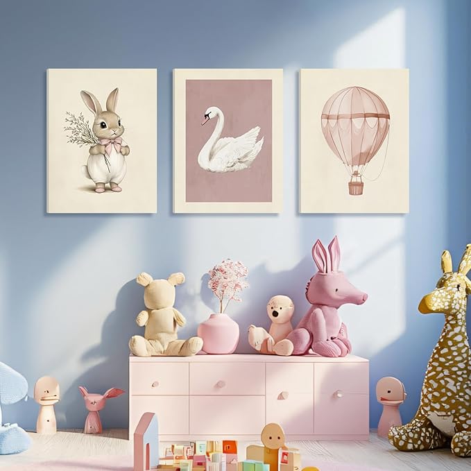 Hianan Pink Baby Girl Nursery Wall Decor Cute Bunny Wall Art Cozy Rabbit Canvas Artwork Elegant Swan Poster Prints Vintage Hot Air Balloon Painting Prints for Kid's Room Baby Room Framed 12"x16"x3