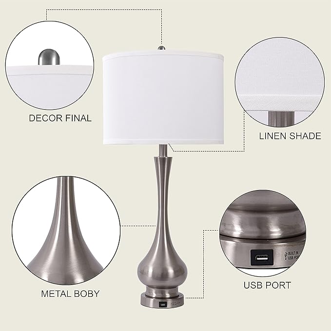 30" Large Modern Table Lamps Set of 2 for Living Room Bedroom with USB Charging Port,3-Way Dimmable Brushed Steel Nightstand Lamp Sets Bedside Touch Desk Lamp with White Fabric Shade (Bulb Included)