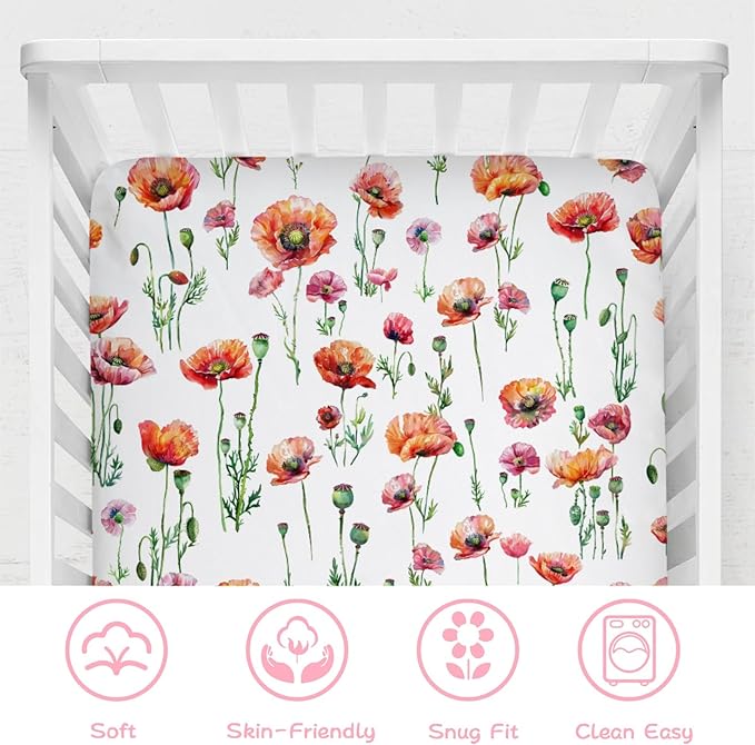 Watercolor Poppy Floral Baby Crib Sheets 52''x28'' Red Poppy Flowers Snug Fitted Crib Mattress Cover for Boy Girl Wild Floral Soft Baby Nursery Bed Sheets for Standard Crib and Toddler Mattresses