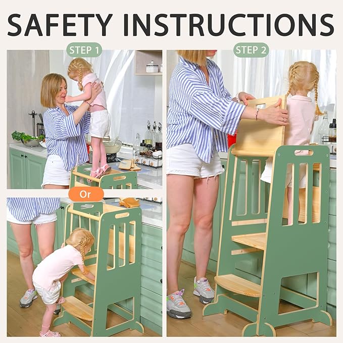 WINGYZ Toddler Tower – Adjustable Step Stool Helper for Kids 18M–6Y, Kitchen Learning Stool with Safety Rail, 3-Height Adjustable, Sliding Door, Full Support Foot, Wooden Updated Design, Green