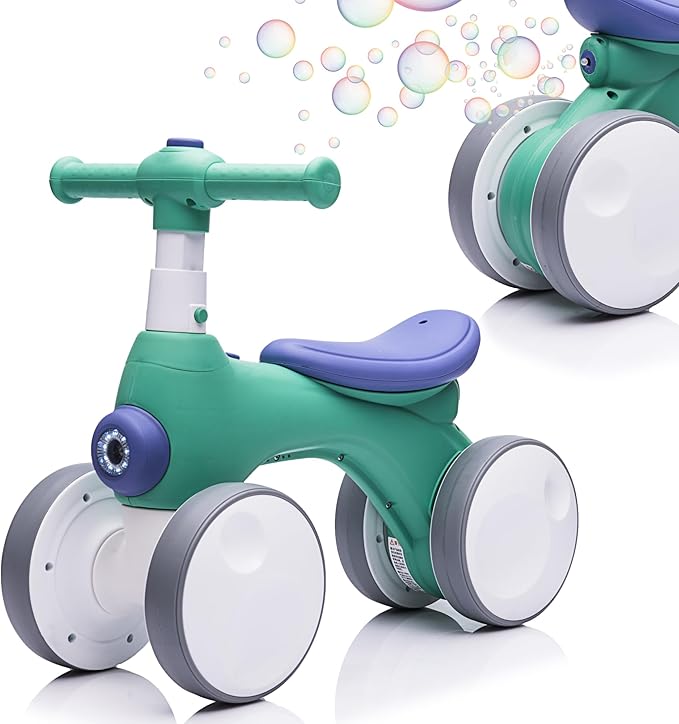 Baby Toddler Balance Bike with Bubble Machine for 1 Year Old Children,4 Wheels Kids Balance Bike w/Bubble Maker,Kids Ride on Toys,Headlight for Ages 12-36 Months Boys Girls (Green&Blue)