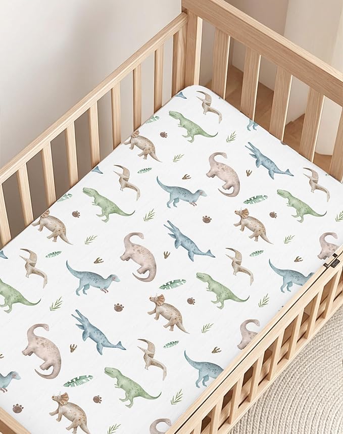 Pack and Play Sheets 2 Pack, Fitted Jersey Knit Mini Crib Sheets for Baby Boys and Girls, Compatible with Graco Pack N Play and Mini Crib Mattress (Dino Pals, Pack N Play/Mini Crib Sheets)