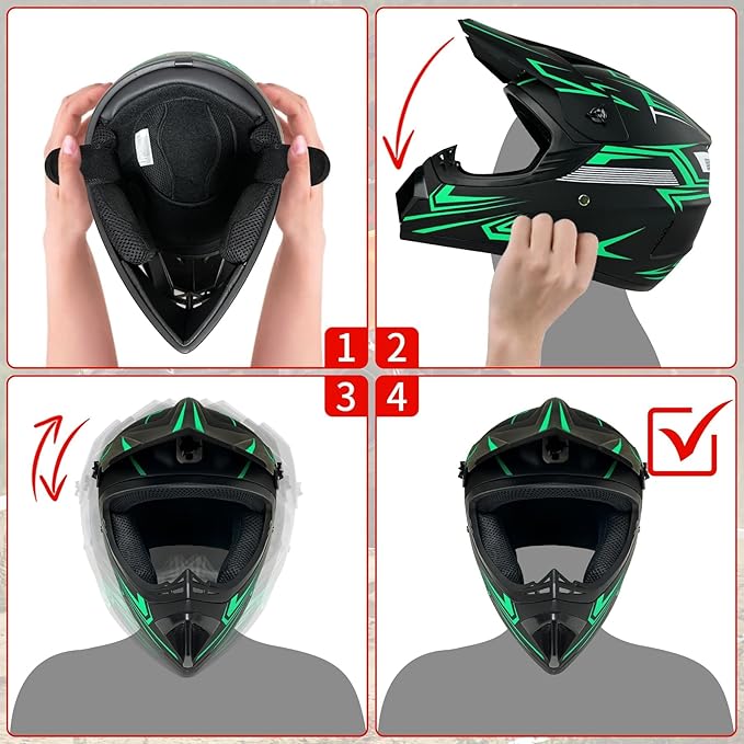 Youth Kids Motocross Helmet, Adult ATV Dirt Bike Helmet with Goggles Gloves & Mask Quick, Full Face Motorcycle Helmet with Quick Release Buckle DOT Certified