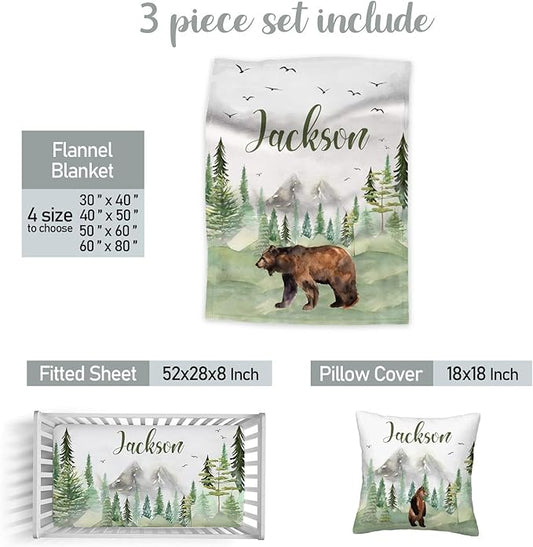 Custom Name Baby Crib Bedding Set – Personalized 3-Piece Nursery Set for Boys, Includes Soft Blanket, Fitted Sheet & Pillowcase – Woodland Bear Baby Bedding Gift for Newborn & Toddler
