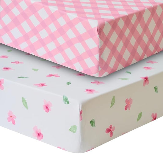 2 Pack Crib Sheets for Boys & Girls – Snug Full Elastic Fit for Standard Crib Mattresses (28″×52″) – Stylish Zoo Animals, Feathers, Gingham & Petals, Watercolor Vines Prints, Gingham & Petals