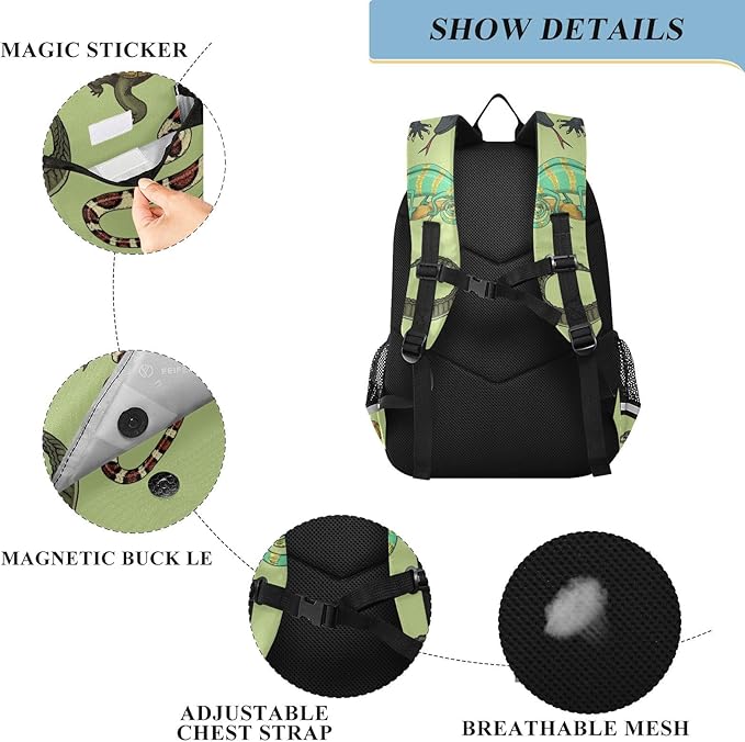 Jucciaco Reptiles and Amphibians School Backpack Laptop Travel Daypack for Kids Girls Boys, Personalized Computer Notebooks Bookbag with Adjustable Padded Straps