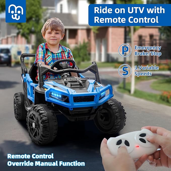 12V Kids Ride on Truck Car with Remote Control, Electric Off-Road UTV for Toddlers, Bluetooth Music, Suspension System Safety Belt, Electric Vehicles Gift for Boys & Girls-Blue