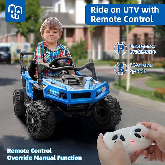 12V Kids Ride on Truck Car with Remote Control, Electric Off-Road UTV for Toddlers, Bluetooth Music, Suspension System Safety Belt, Electric Vehicles Gift for Boys & Girls-Blue