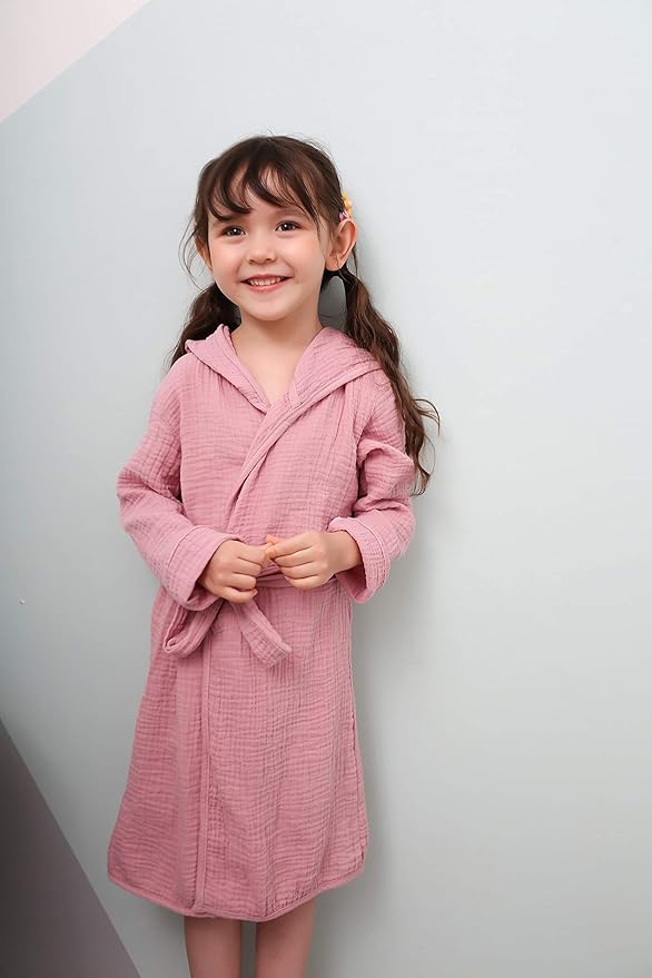 Organic Cotton Toddler Bathrobe, Soft and Breathable Baby Robe for Kid, Boy& Girl Hooded Robe Muslin