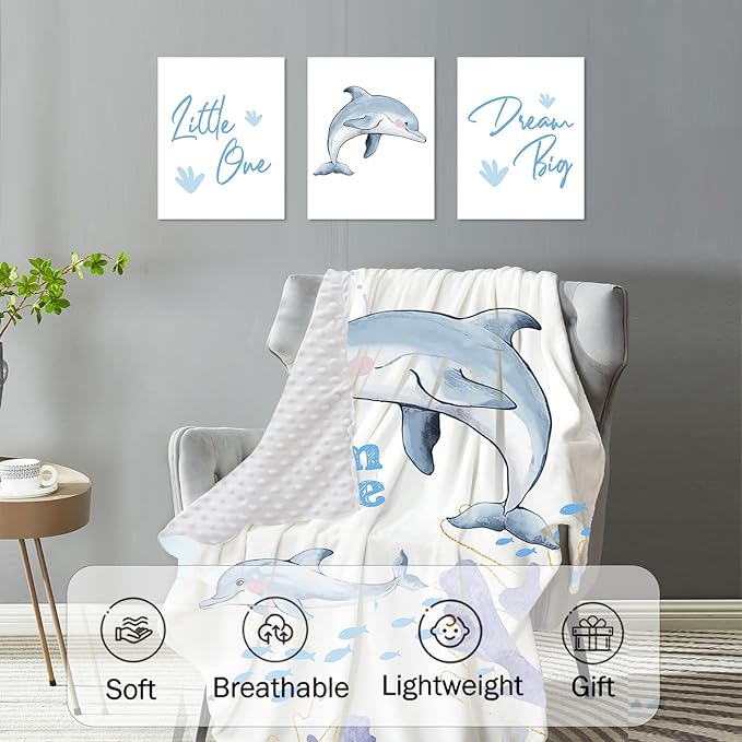 Personalized Baby Crib Bedding Set: 4 Piece Custom Blue Dolphin Crib Bed Set with Name, Nursery Bedding Set for Baby Girls, Newborn Boys Crib Sets, Crib Bedding Custom Gift, Crib Sheet