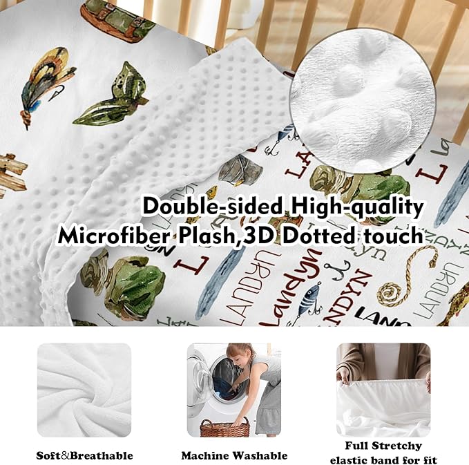 Custom Baby Crib Bedding Set, Personalized Name Fishing Theme Design Crib Set 3 Pcs, Soft Double Layer Blanket, Crib Sheet & Room Rug, Ideal Nursery Decor Gift for Baby Girls Boys