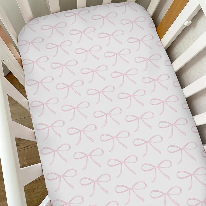 Sweet Pink Bows Baby Crib Sheets for Girls Pastel Pink Bows Soft Snug Fitted Crib Mattress Covers for 52''x28'' Standard Crib & Toddler Mattress Valentine's Girly Ribbons Nursery Baby Bed Sheets