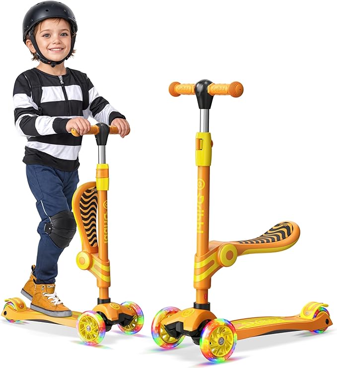 Orange 3 Wheel Scooter with Seat for Kids, Light-Up Wheels, Adjustable Lean to Steer Handlebar and Seat, Smooth Wheels, Wide No-Slip Deck, Rear Foot Brake, Toddler Outdoor Toys for Ages 2+