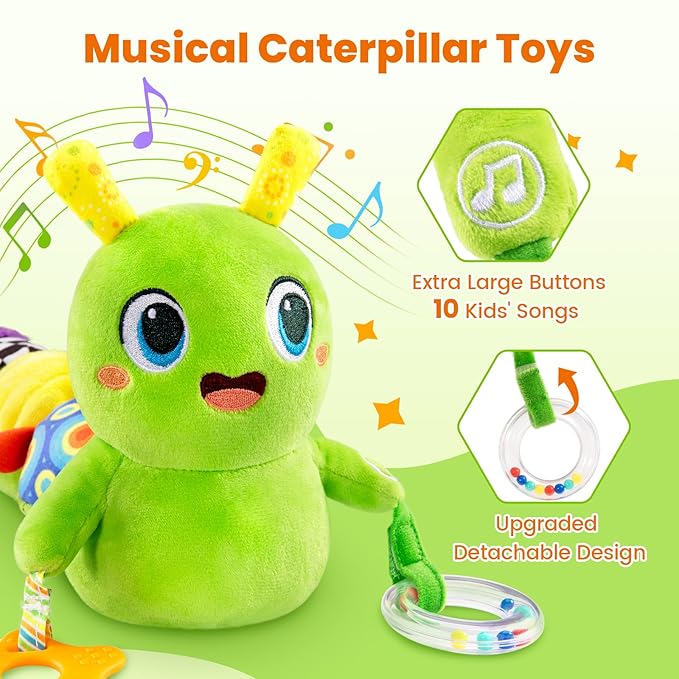 Baby Toys 0-6 Months, Washable Baby Musical Caterpillar Toys with 10 Kid's Songs,Rattles,BabyTeething Toys,Suitable for 0-6, 6-12 Months Infant Tummy Time Toy,Newborn Baby Boy&Gril Gifts (Green)