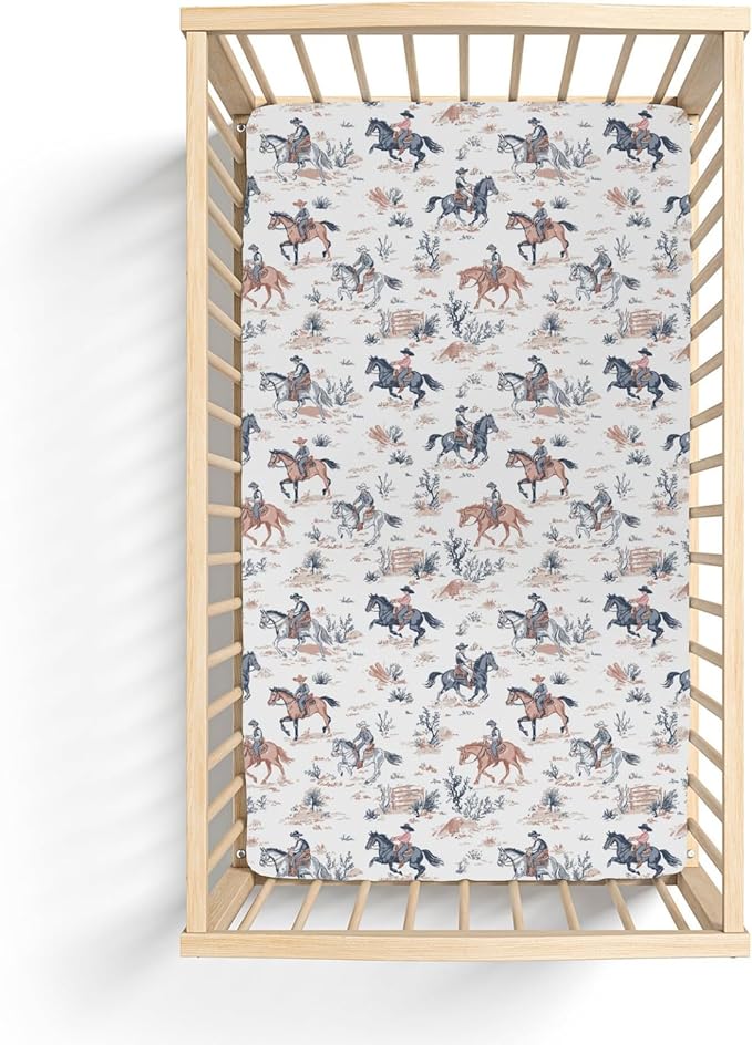 Western Cowboy Baby Crib Sheets for Boy Girl 28"x52" Cowboy Horse Soft Stretchy Fitted Crib Mattress Cover Wild West Desert Baby Sheet Fits Crib and Toddler Bed Mattresses