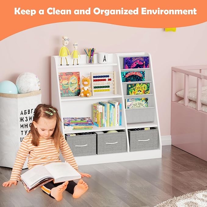 HedoAjim White Kids Bookshelf Wood Toy Storage Organizer Cabinet Children Bookcase Toddler Baby Sling Book Rack 3 Cube Bins Fabric Drawers for Playroom Bedroom Nursery School