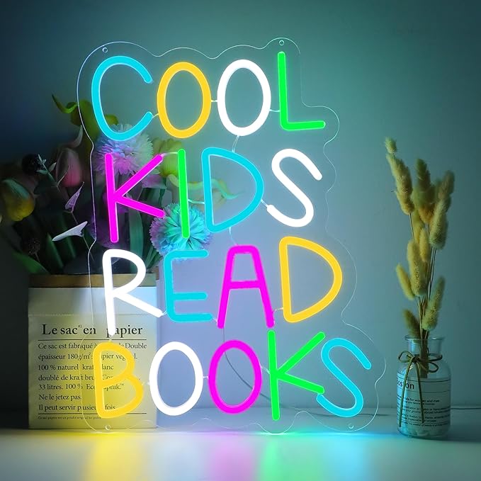 Enuoli Cool Kids Read Books Neon Sign Wall Decor Letter LED Neon Lights Light Up Signs For Kids' Room Dimmable Positive Affirmation LED Neon Light Sign Home Library Wall Art Decor