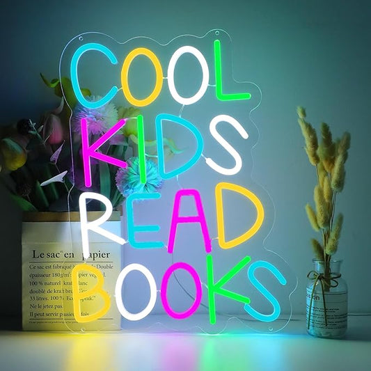 Enuoli Cool Kids Read Books Neon Sign Wall Decor Letter LED Neon Lights Light Up Signs For Kids' Room Dimmable Positive Affirmation LED Neon Light Sign Home Library Wall Art Decor