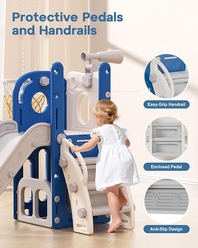 Babytronic Toddler Slide, 6 in 1 Kids Indoor Slide for Toddlers 1-3, Baby Indoor and Outdoor Climber Playset, Kids Slide with Basketball Hoop and Telescope, Toddler Outdoor Playground (Blue&Gray)