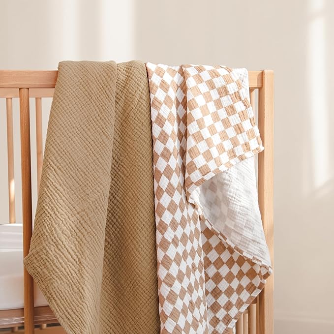 lulumoon Muslin Swaddle Blankets for Baby: Soft Cotton Newborn Receiving Blankets - Plaid Print Nursery Gift Set for Baby Girls(Mocha Plaid)