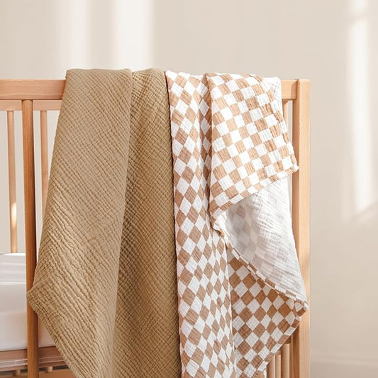 lulumoon Muslin Swaddle Blankets for Baby: Soft Cotton Newborn Receiving Blankets - Plaid Print Nursery Gift Set for Baby Girls(Mocha Plaid)