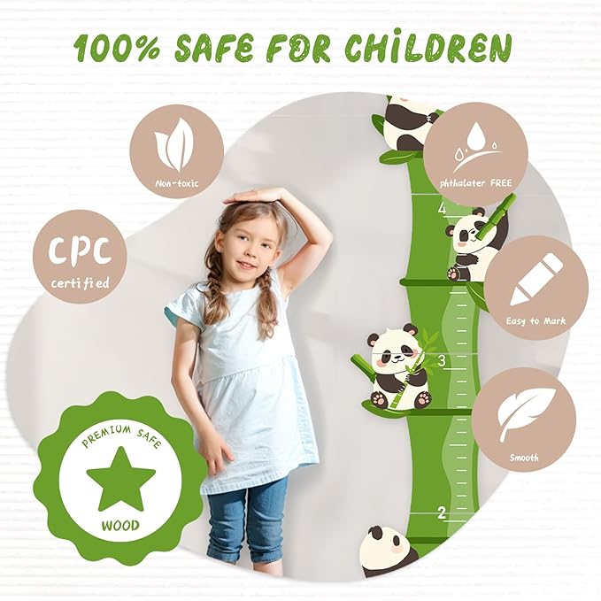 Woodemon Personalized Name Growth Chart, Bamboo Panda Wooden Height Chart, Thick Height Measuring Board, Kids Height Tracker for Nursery Decor, Baby Boy Girl Measurement Ruler