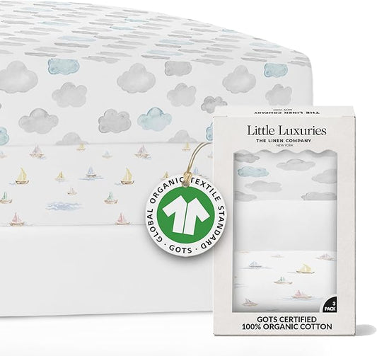 100% Organic Cotton Mini Crib Sheets (3-Pack) - GOTS Certified - Breathable Pack n Play Sheets Fitted - Double-Elastic for Secure Fit, Extra Protection for Your Baby - Gender-Neutral Prints (27"x39")