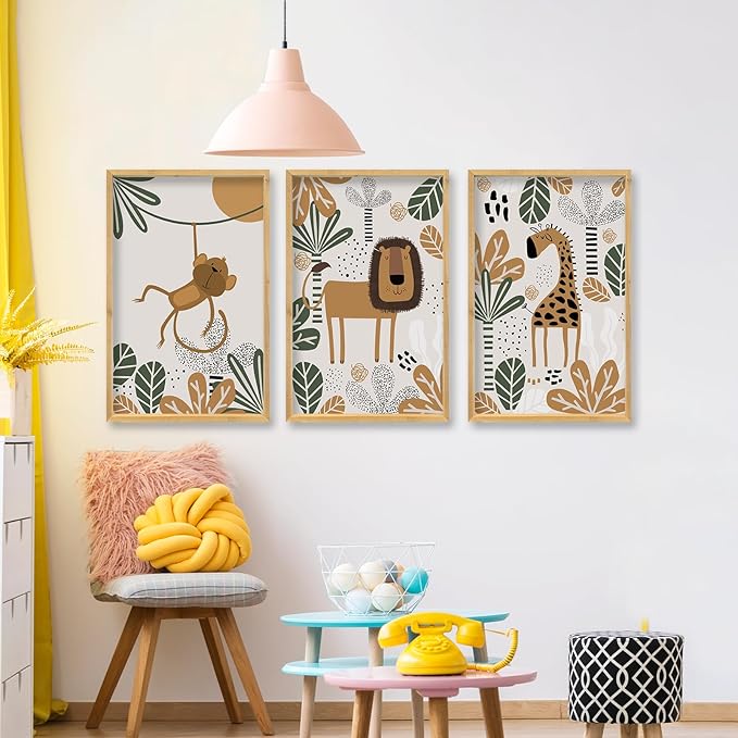 comurdyo Kids Cute Animal Wall Art Set of 3 Framed Safari Prints Cartoon Lion Monkey Giraffe Sign 16×11 Inch for Baby Room Toddler Nursery Children's Room Boho Rustic Wood Framed Hanging Decor (Wood)